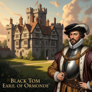 A man in historical attire stands before a grand castle, labelled as Black Tom, Earl of Ormonde.