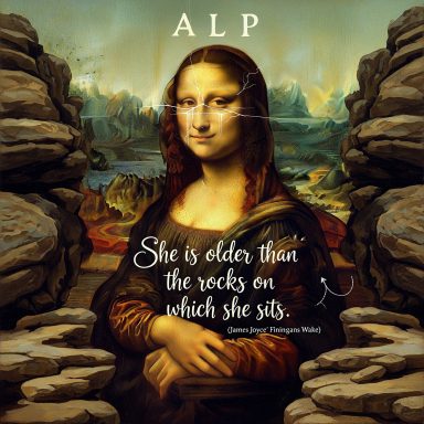Mona Lisa with a quote layered over a stylised background of rocks and landscapes.