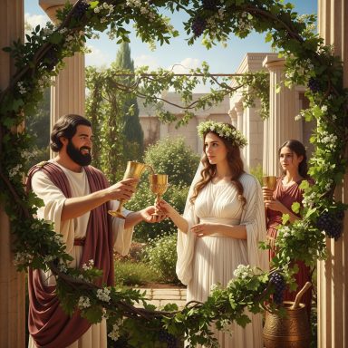A wedding celebration with three people toasting with goblets in a lush, classical setting surronded by myrtle.