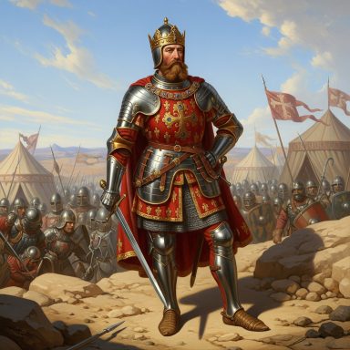 Frederick I Barbarossa] (1122 – 1190) a German Holy Roman Emperor in ornate armour stands confidently before a medieval army.