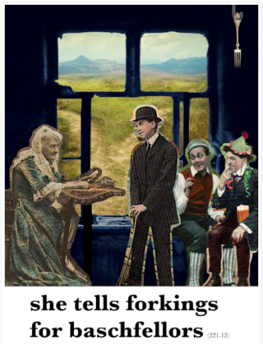 A vintage scene with a woman in rags and men in formal attire, with a mountainous backdrop.
